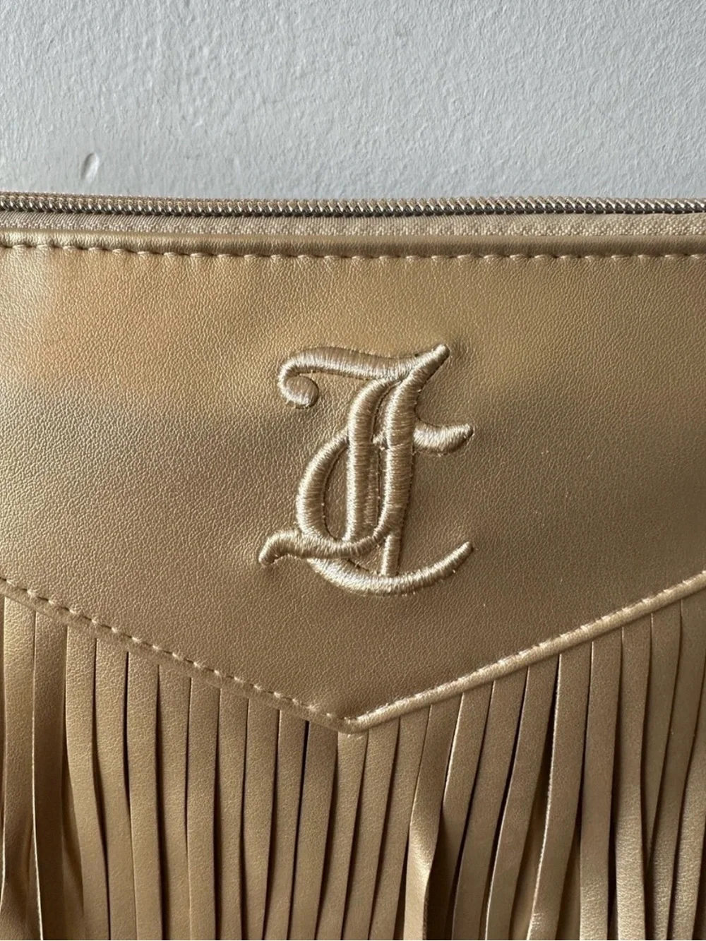 Juicy Couture Metallic Gold Fringe Cosmetic Bag with Embroidered Logo NWT